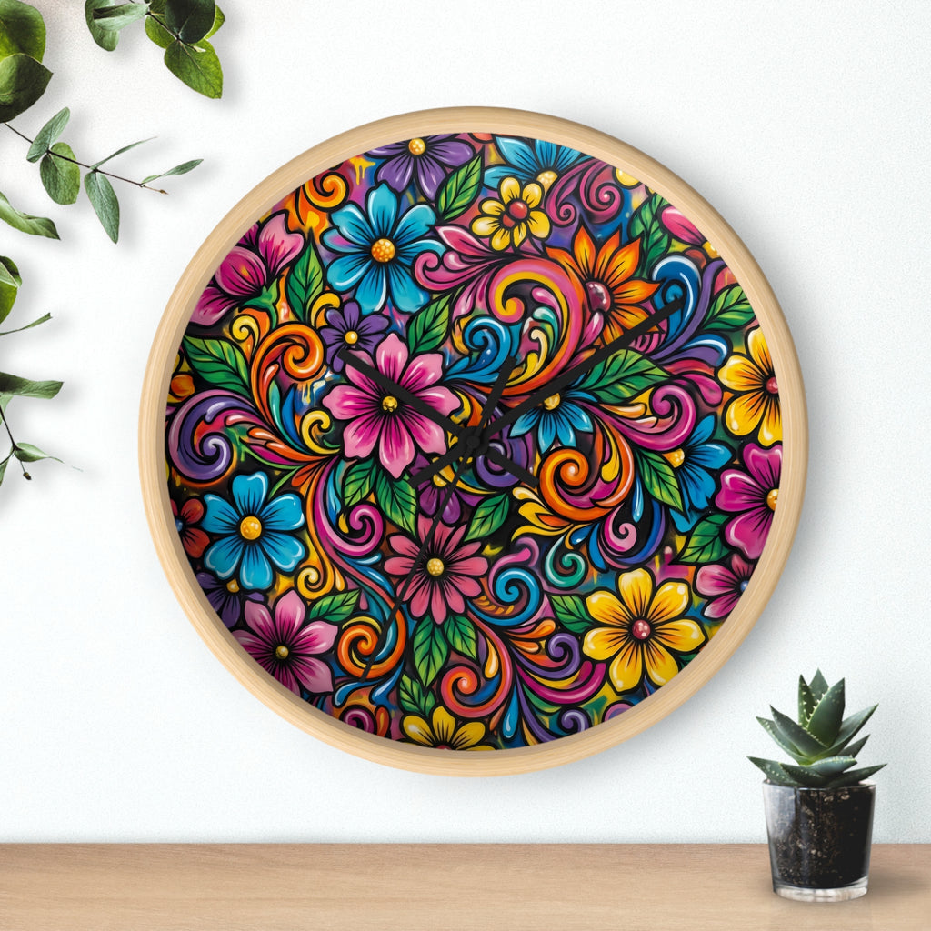 Colorful Floral Swirl Wall Clock — Vibrant Flower Art Timepiece