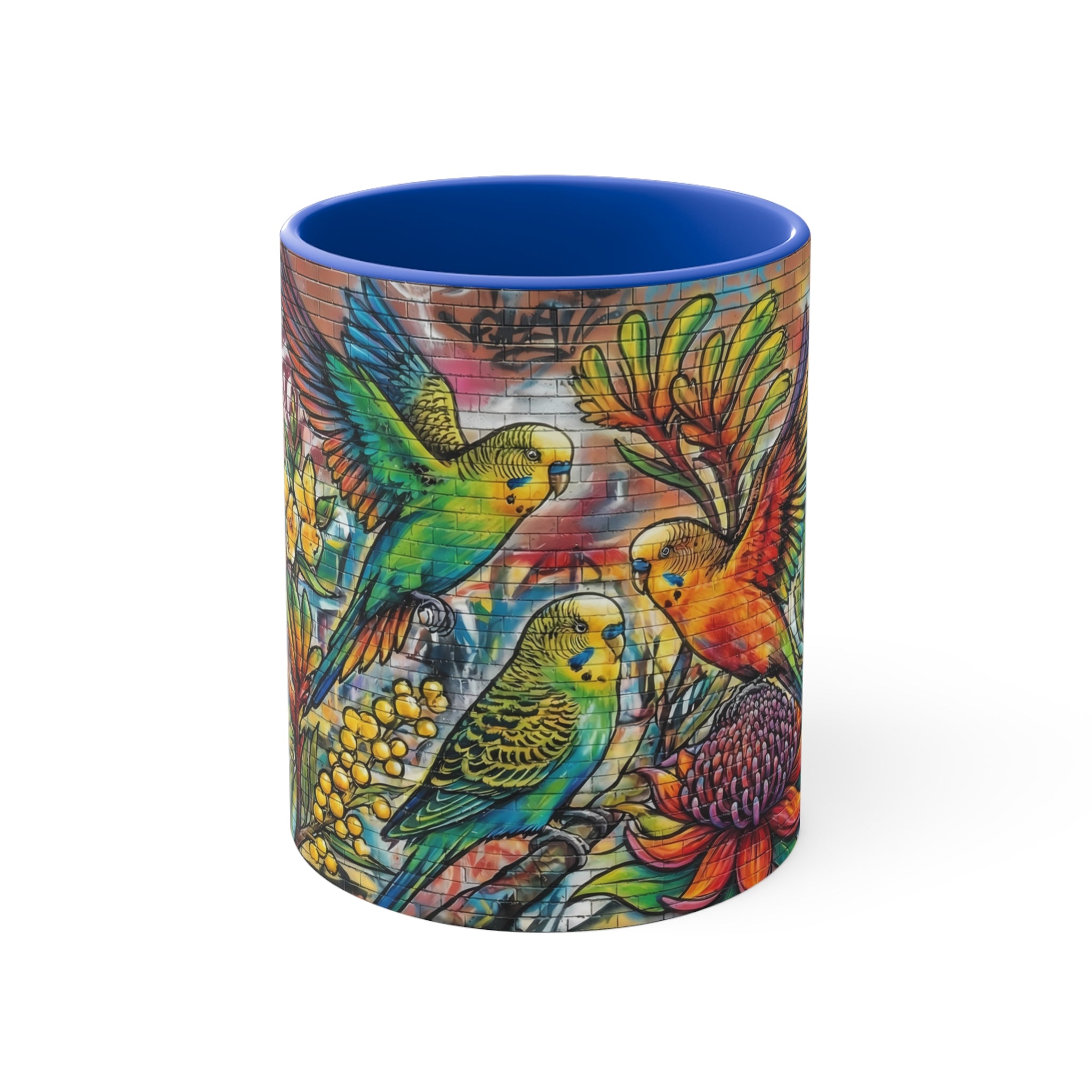 Colorful Budgerigar Floral Accent Mug — 11oz Ceramic Coffee Cup (Multiple Colours)