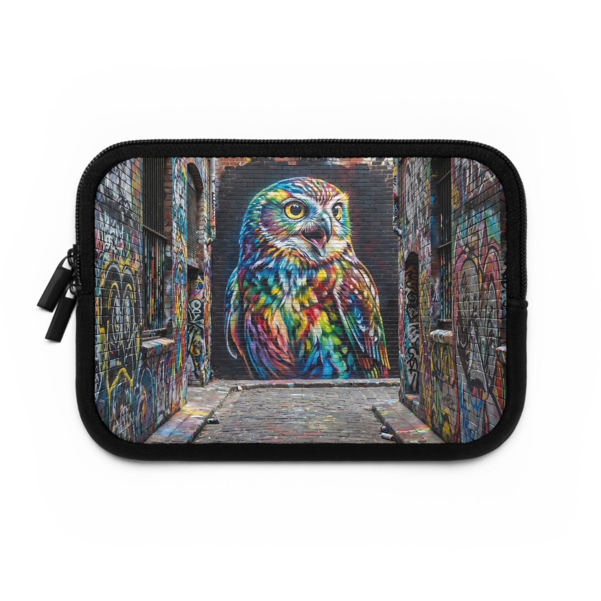 Colorful Street Art Owl Laptop Sleeve | Graffiti Alley Bird Mural