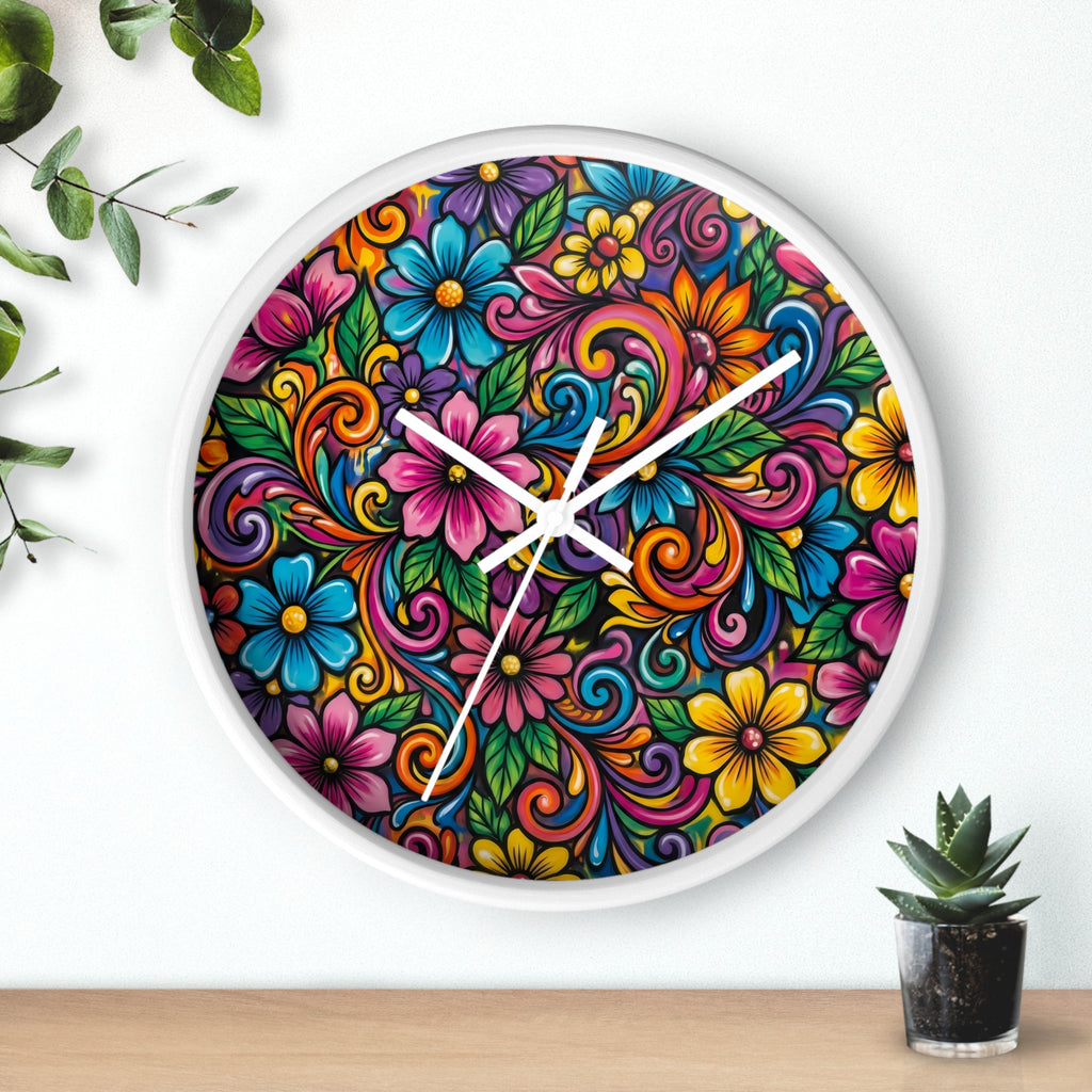Colorful Floral Swirl Wall Clock — Vibrant Flower Art Timepiece