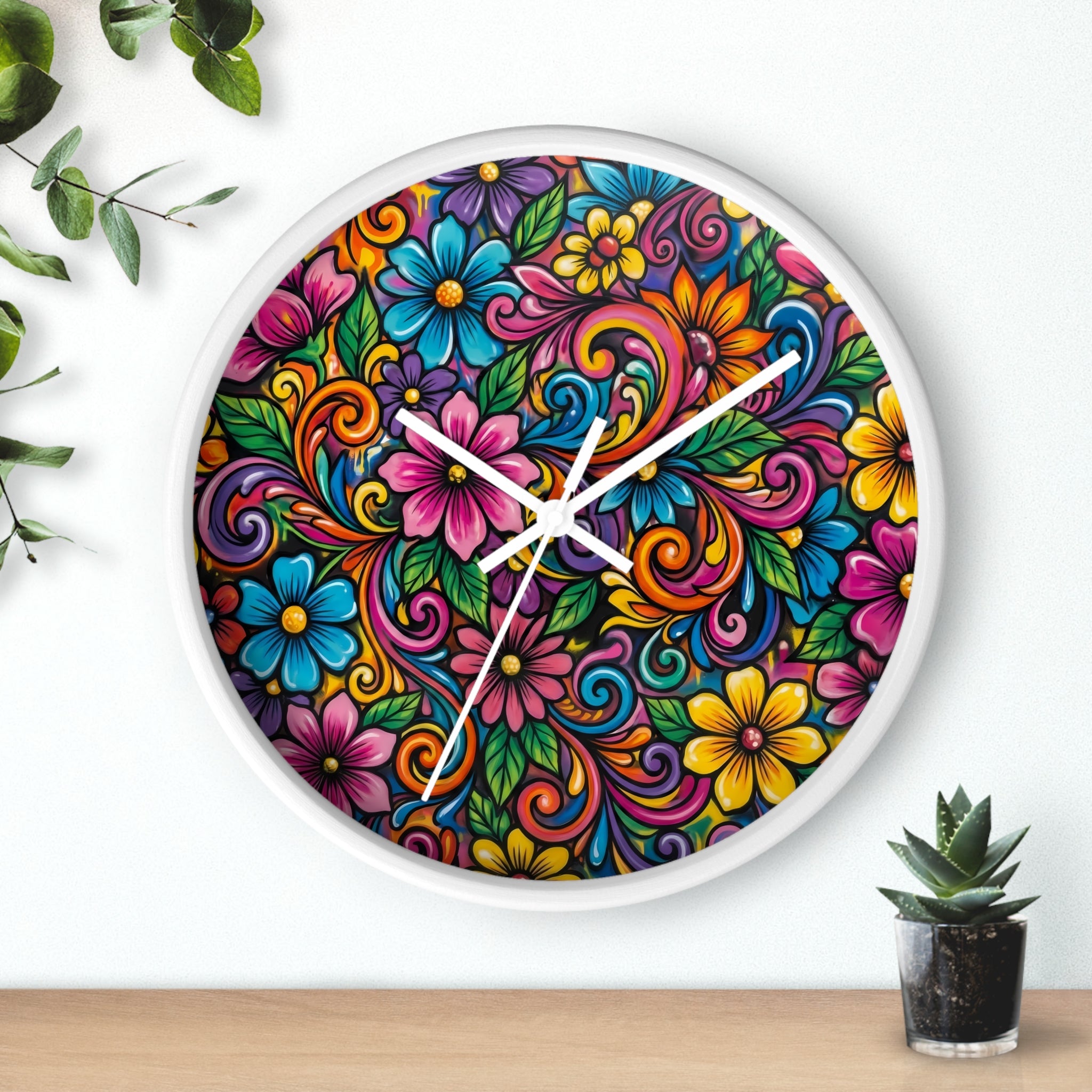 Colorful Floral Swirl Wall Clock — Vibrant Flower Art Timepiece