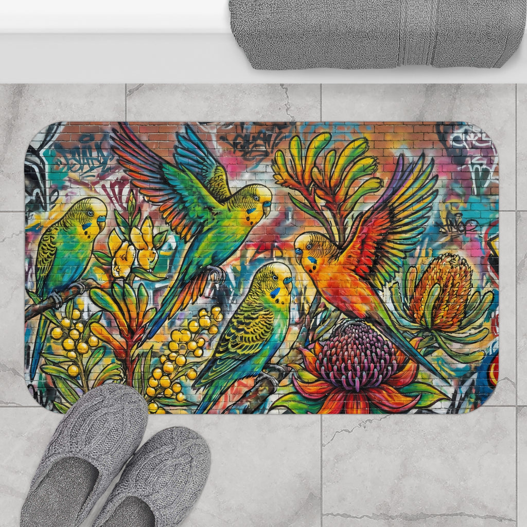 Tropical Parakeet Bath Mat — Colorful Floral Bird Bathroom Rug