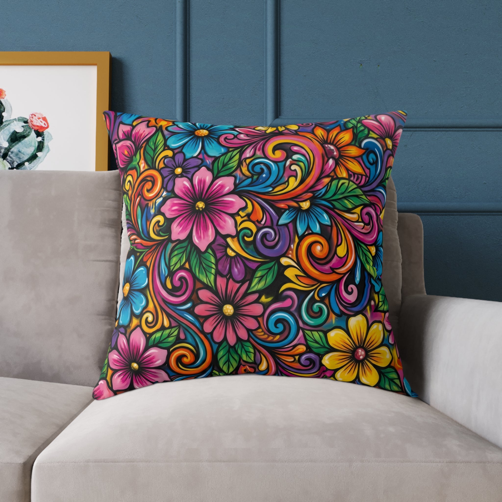 Floral Swirl Decorative Pillow — Colorful Boho Square Throw Cushion