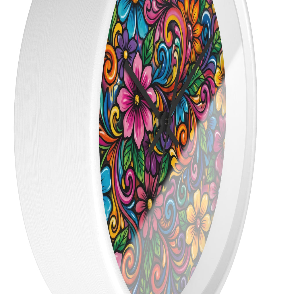 Colorful Floral Swirl Wall Clock — Vibrant Flower Art Timepiece