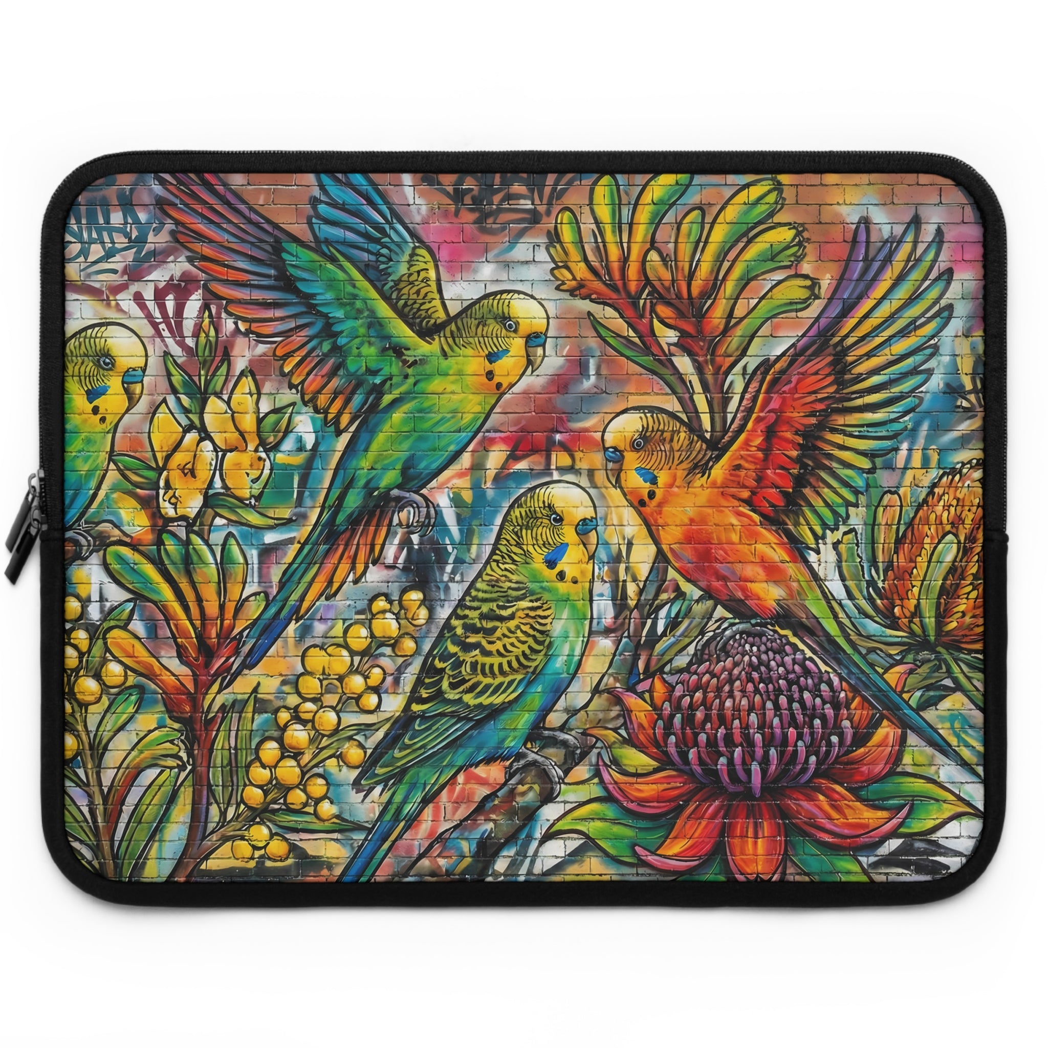 Colorful Budgie Wildflower Laptop Sleeve — Vibrant Bird Art Sleeve