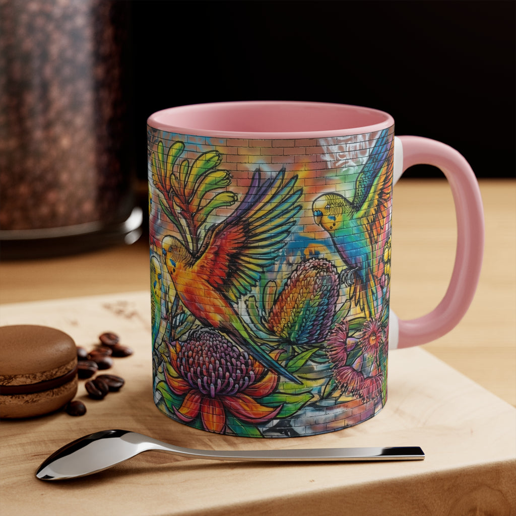 Colorful Budgerigar Floral Accent Mug — 11oz Ceramic Coffee Cup (Multiple Colours)