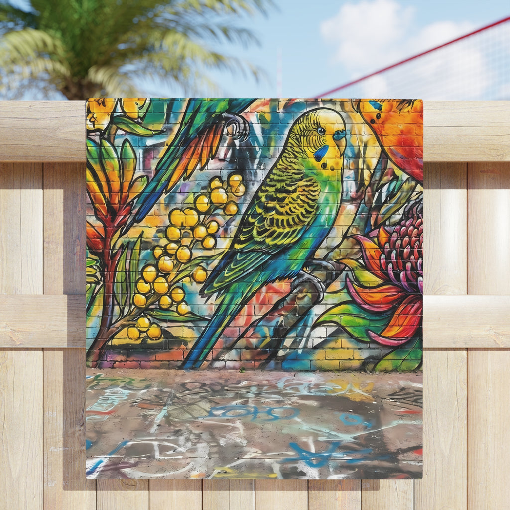 Graffiti Budgerigar Beach Towel — Vibrant Urban Art