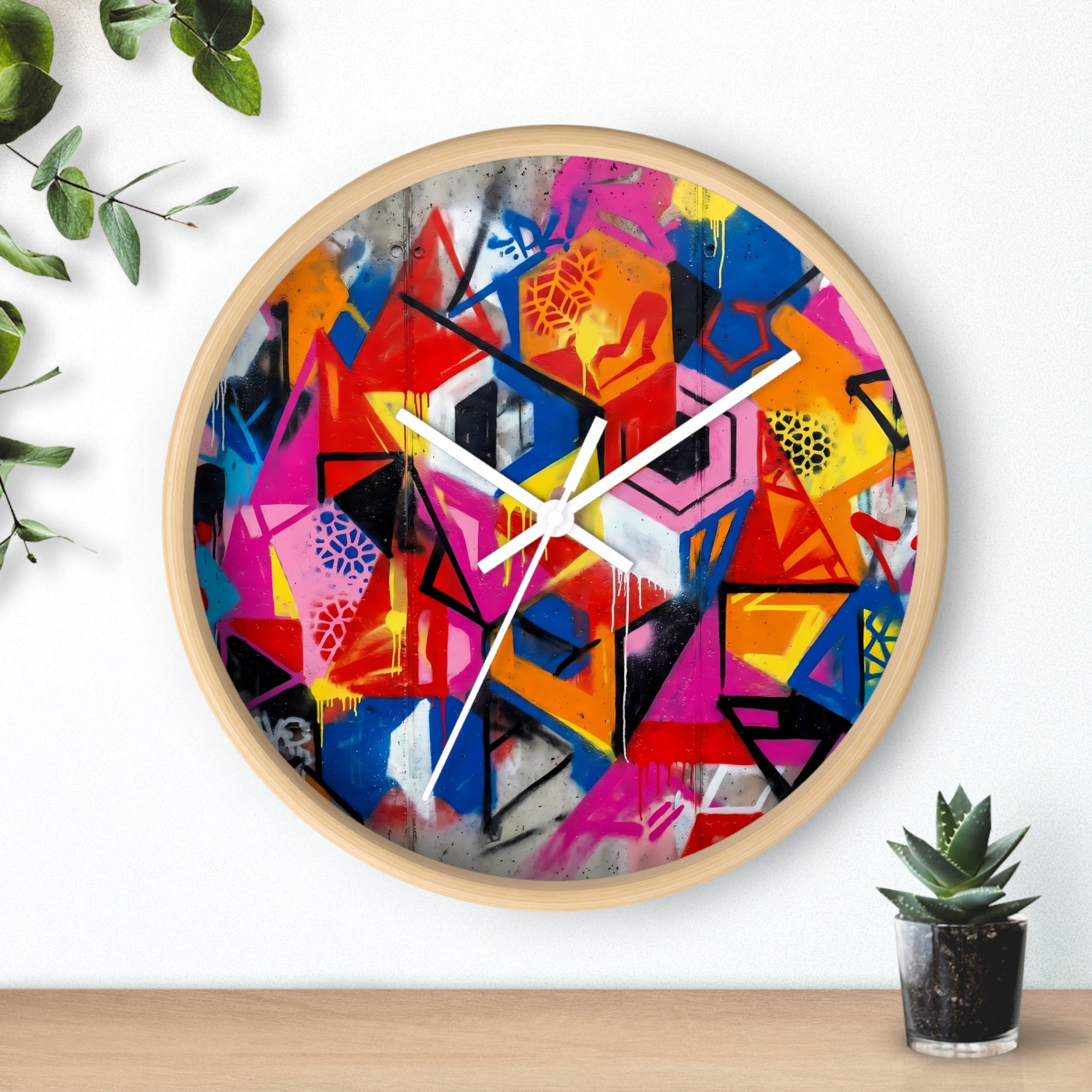 Street Art Geometric Wall Clock — Colorful Graffiti Cube Design