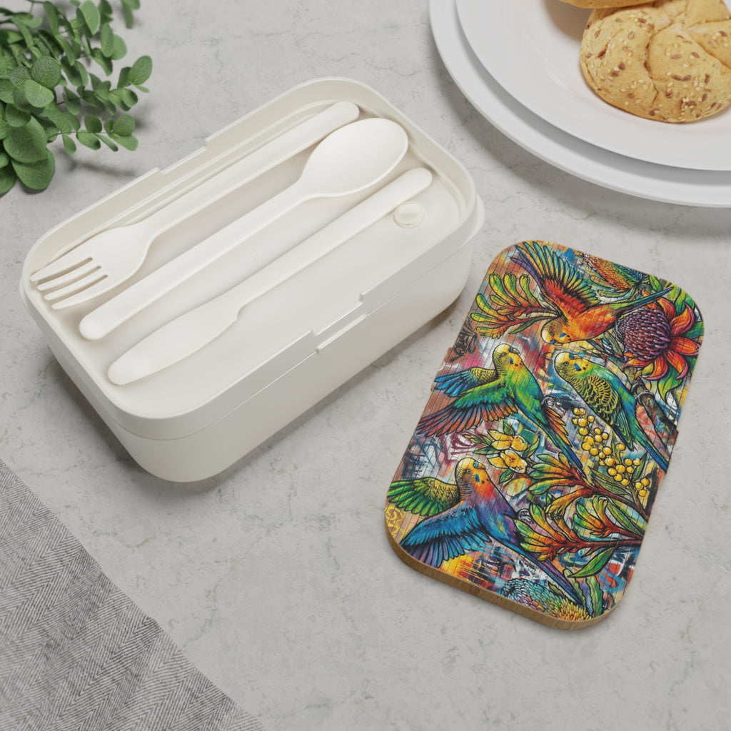 Bento Lunch Box — Budgerigar & Native Wildflowers Design