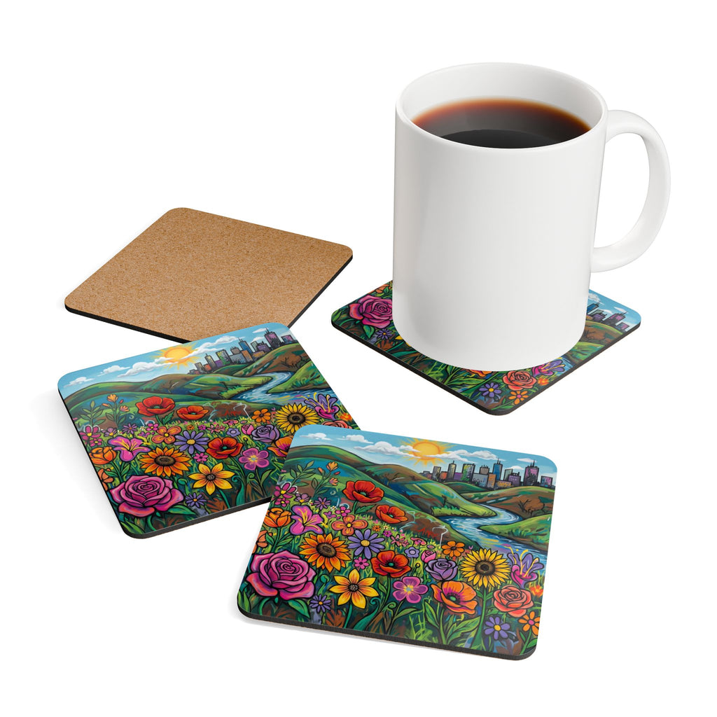 Cityscape Graffiti Cork Coaster Set — Urban Street Art Drink Coasters (Set of 4)