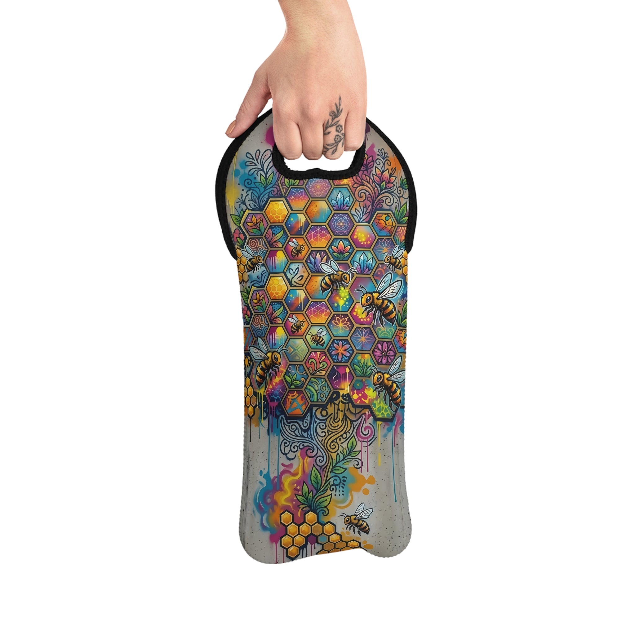 Colorful Honeycomb Bee Tree Wine Tote Bag | Neoprene Bottle Carrier