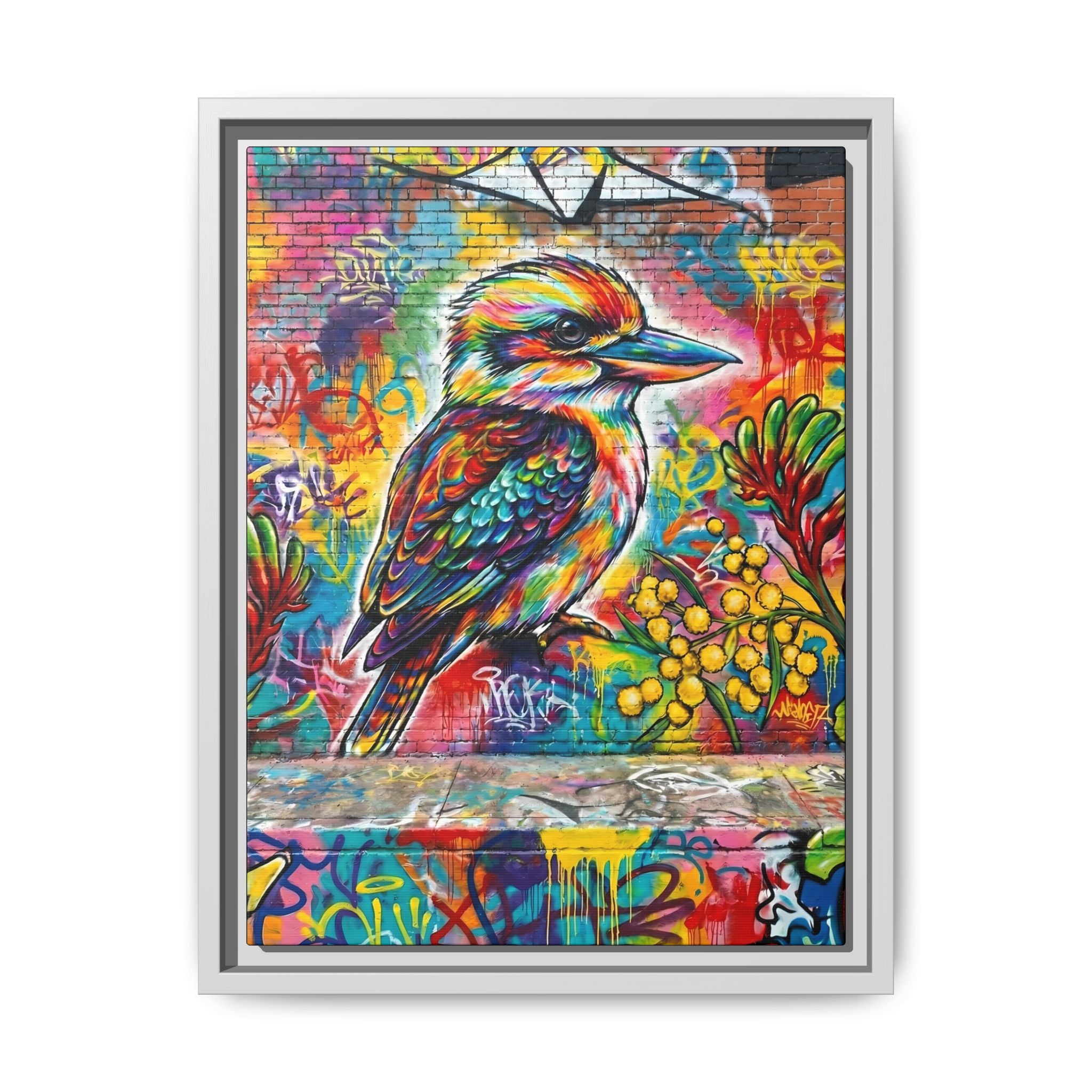 Kookaburra Graffiti Art Framed Matte Canvas | Colorful Urban Bird Print