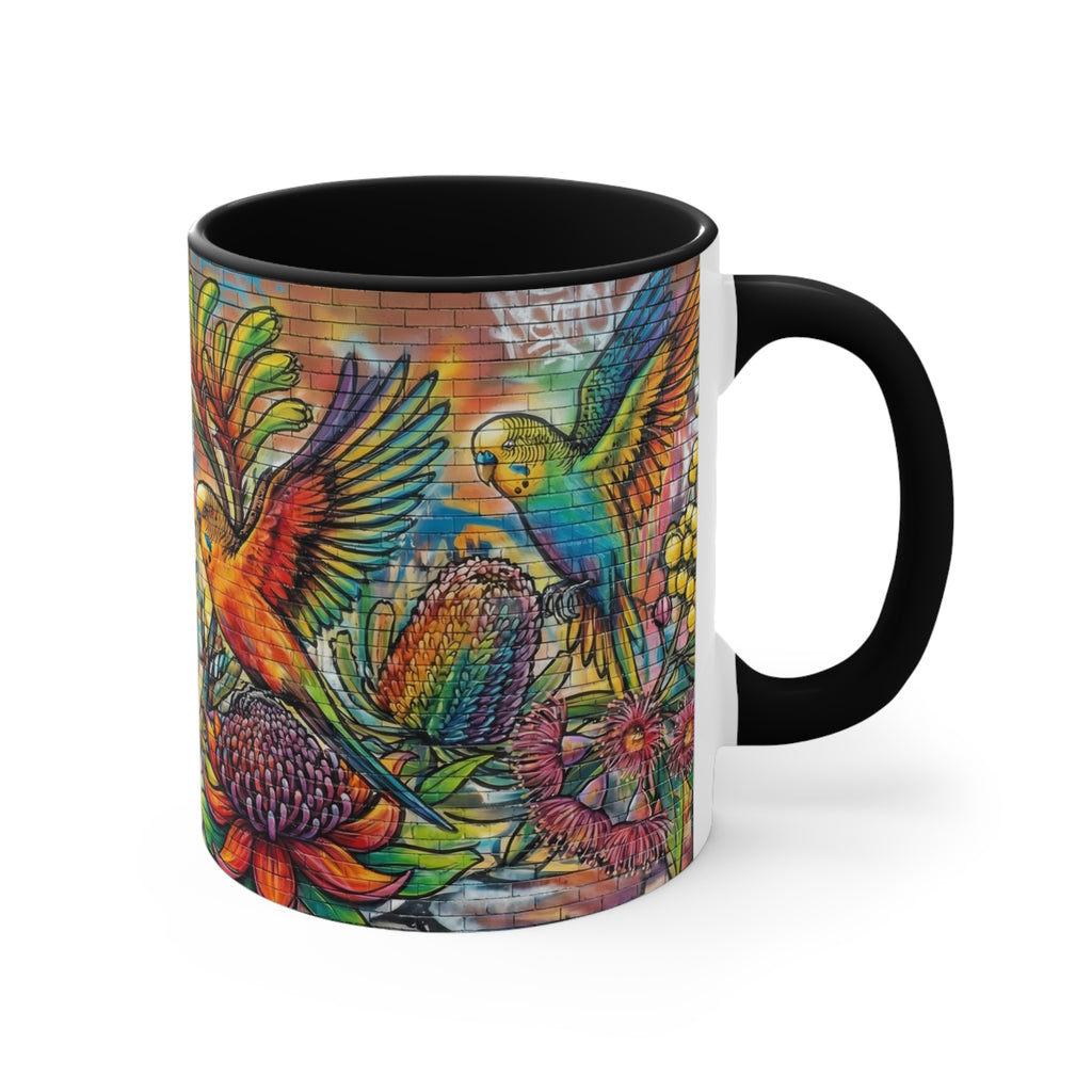 Colorful Budgerigar Floral Accent Mug — 11oz Ceramic Coffee Cup (Multiple Colours)