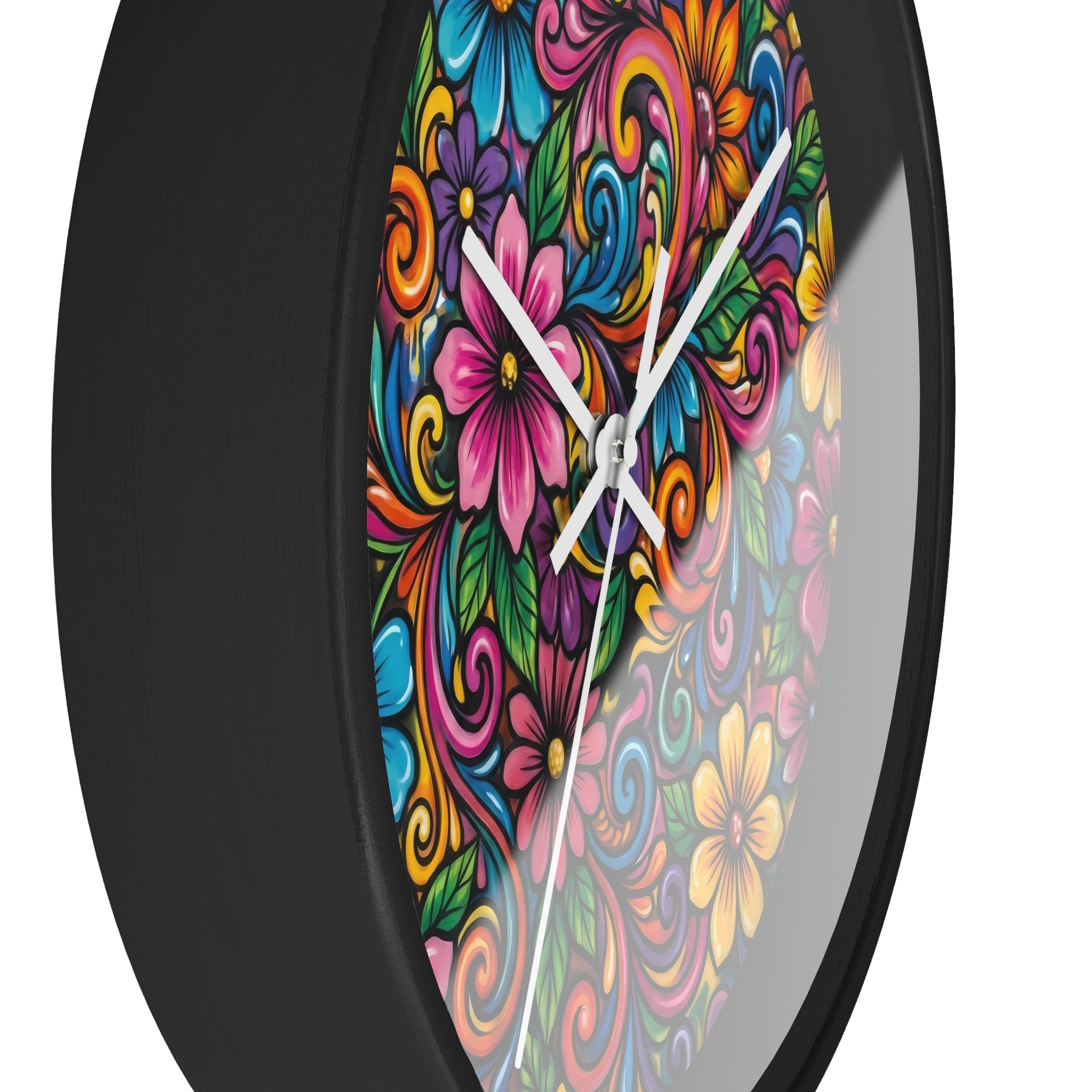 Colorful Floral Swirl Wall Clock — Vibrant Flower Art Timepiece