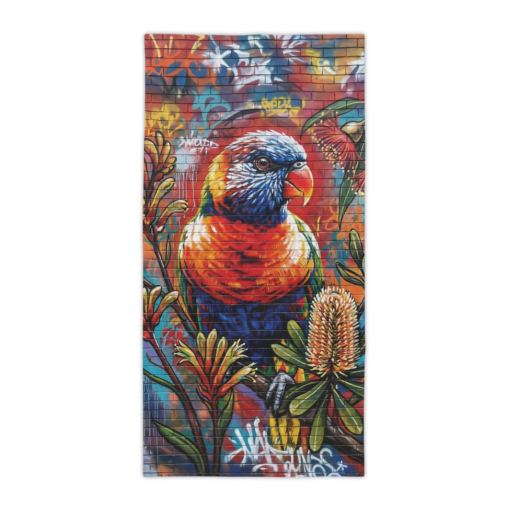 Rainbow Lorikeet Graffiti Beach Towel | Tropical Parrot Floral Print