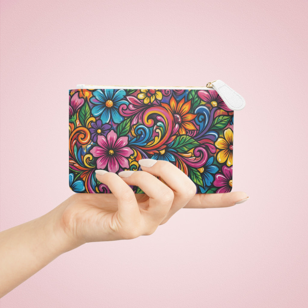 Mini Clutch Bag — Vibrant Floral Swirl Wallet, Colorful Boho Makeup Pouch
