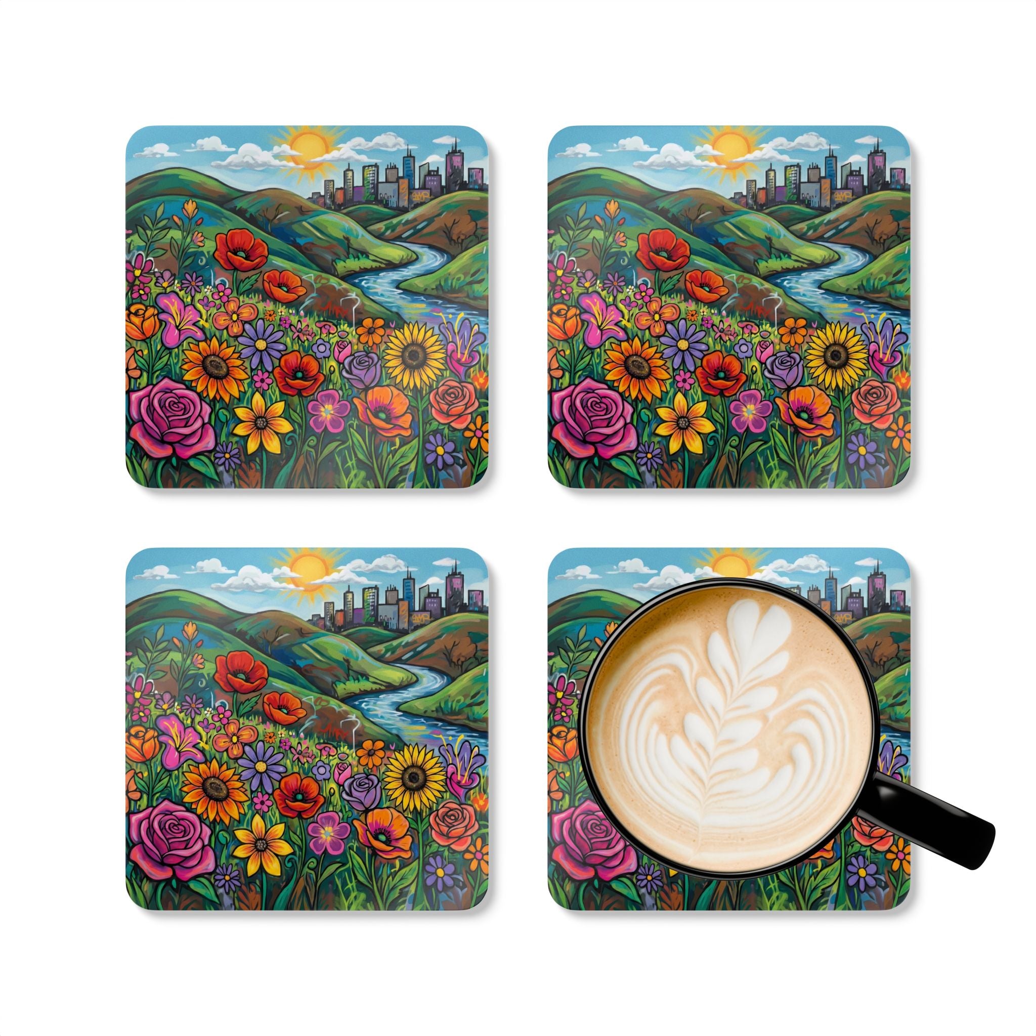 Cityscape Graffiti Cork Coaster Set — Urban Street Art Drink Coasters (Set of 4)