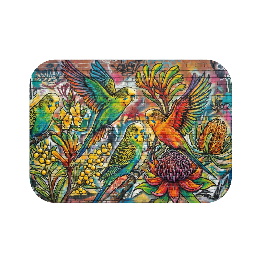 Tropical Parakeet Bath Mat — Colorful Floral Bird Bathroom Rug
