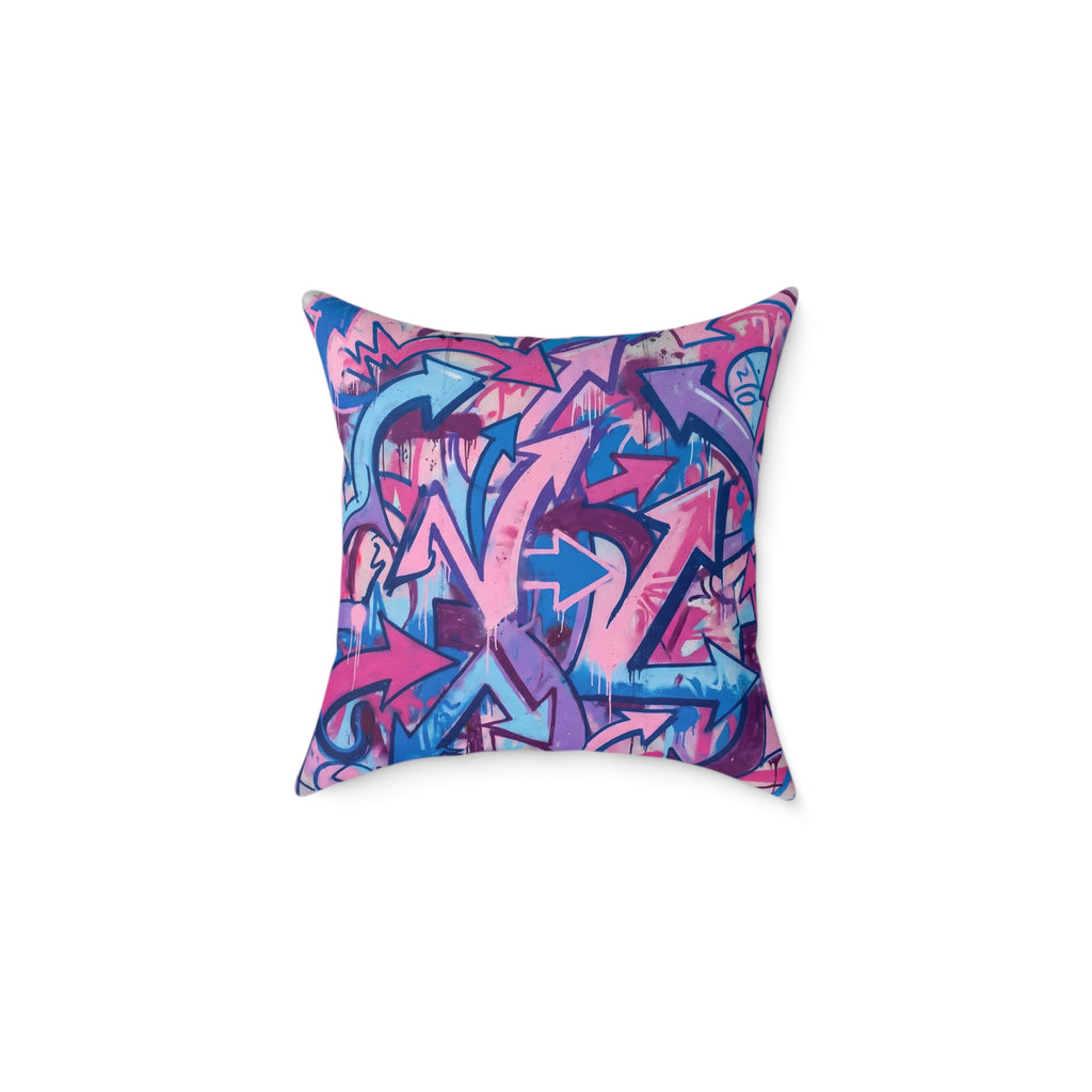 Graffiti Arrow Square Pillow — Pink & Blue Street Art Decorative Throw Pillow