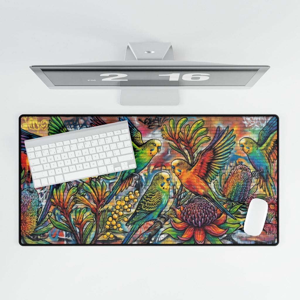 Colorful Budgerigar Desk Mat — Urban Floral Large Mouse Pad