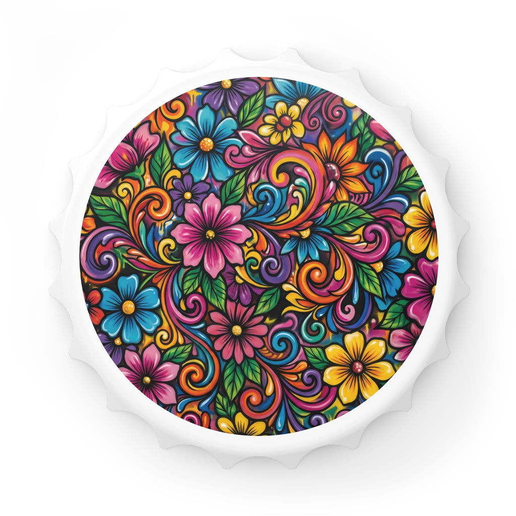 Vibrant Floral Bottle Opener — Colorful Floral Artwork Bar Tool