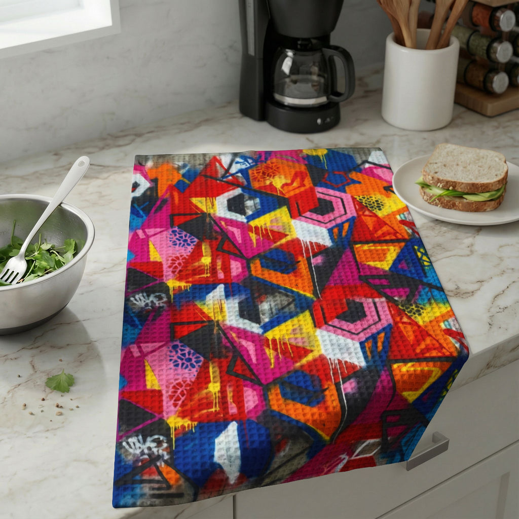 Waffle Weave Vibrant Graffiti Kitchen Tea Towel— Colorful Waffle Weave Hand Towel