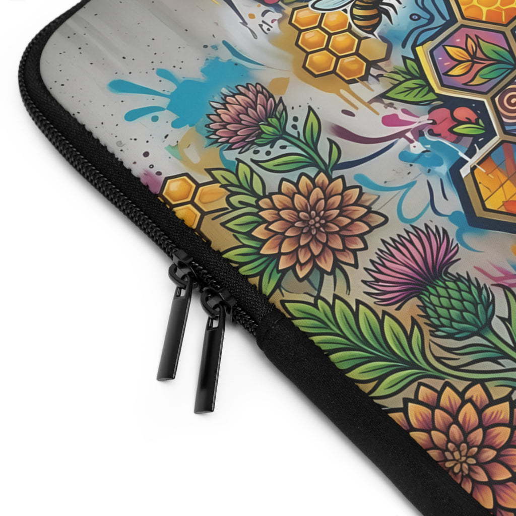 Honeycomb Bees Laptop Sleeve | Floral Beehive Art, Colorful Urban Art Design
