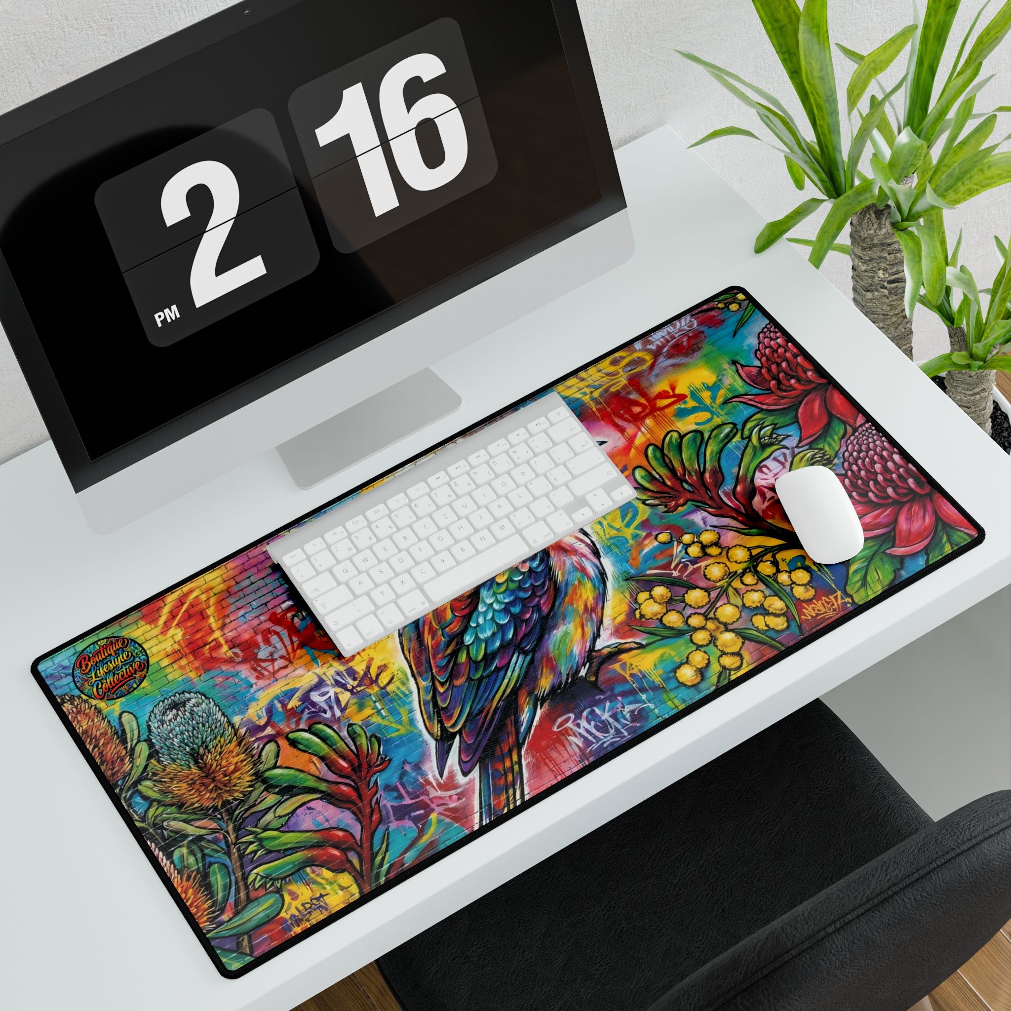 Colorful Kookaburra Desk Mat — Vibrant Wildlife Mouse Pad with Floral Aussie Design