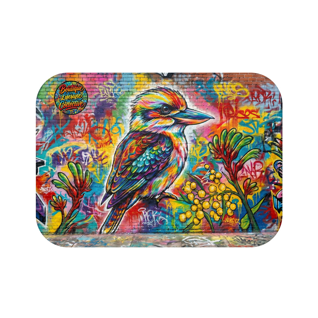 Colorful Graffiti Kookaburra Bath Mat — Vibrant Street Art Bird Bathroom Rug