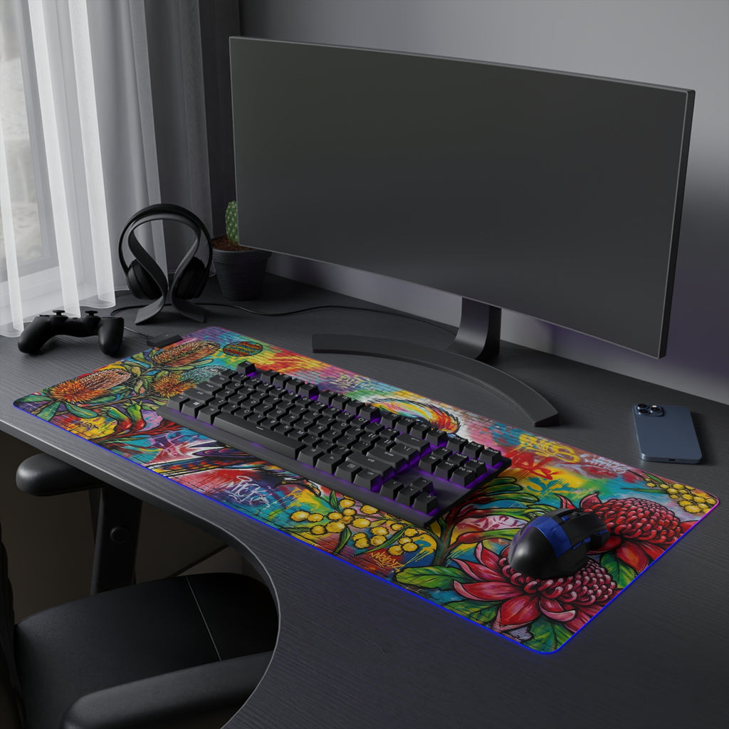 LED Gaming Desk Mat — Colorful Graffiti Kookaburra Design, RGB Large Mouse Pad