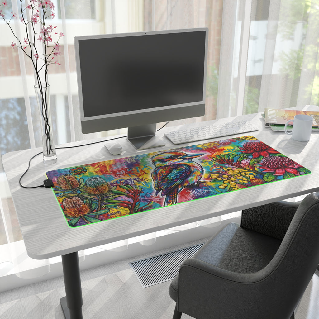 LED Gaming Desk Mat — Colorful Graffiti Kookaburra Design, RGB Large Mouse Pad