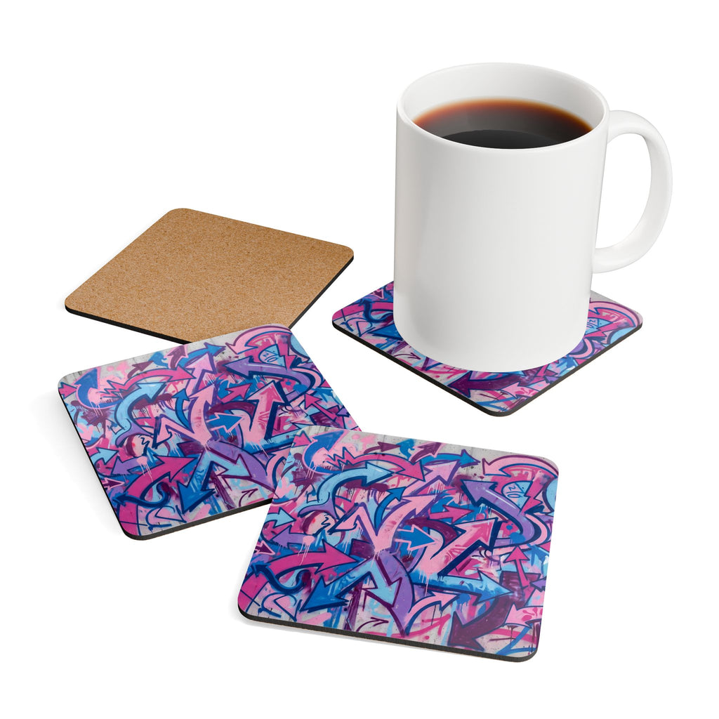 Graffiti Arrow Cork Coaster Set — Vibrant Pink & Blue Urban Drink Coasters (Set of 4)