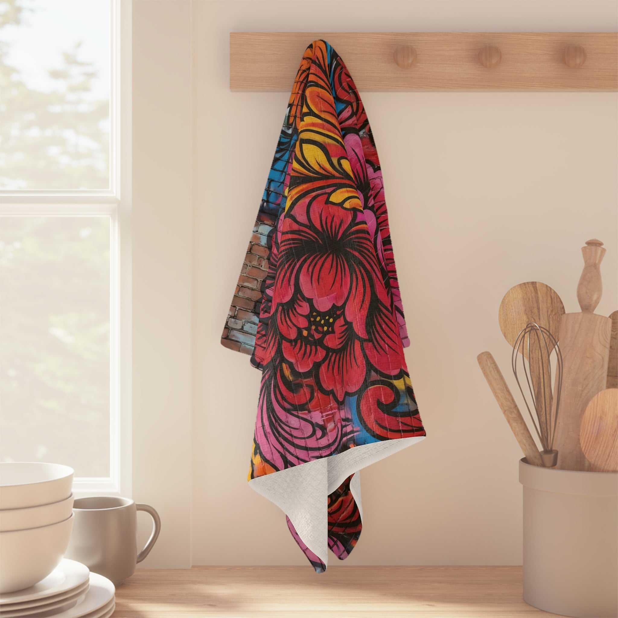 Floral Mural Microfiber Tea Towel — Vibrant Pink & Gold Boho Kitchen Décor