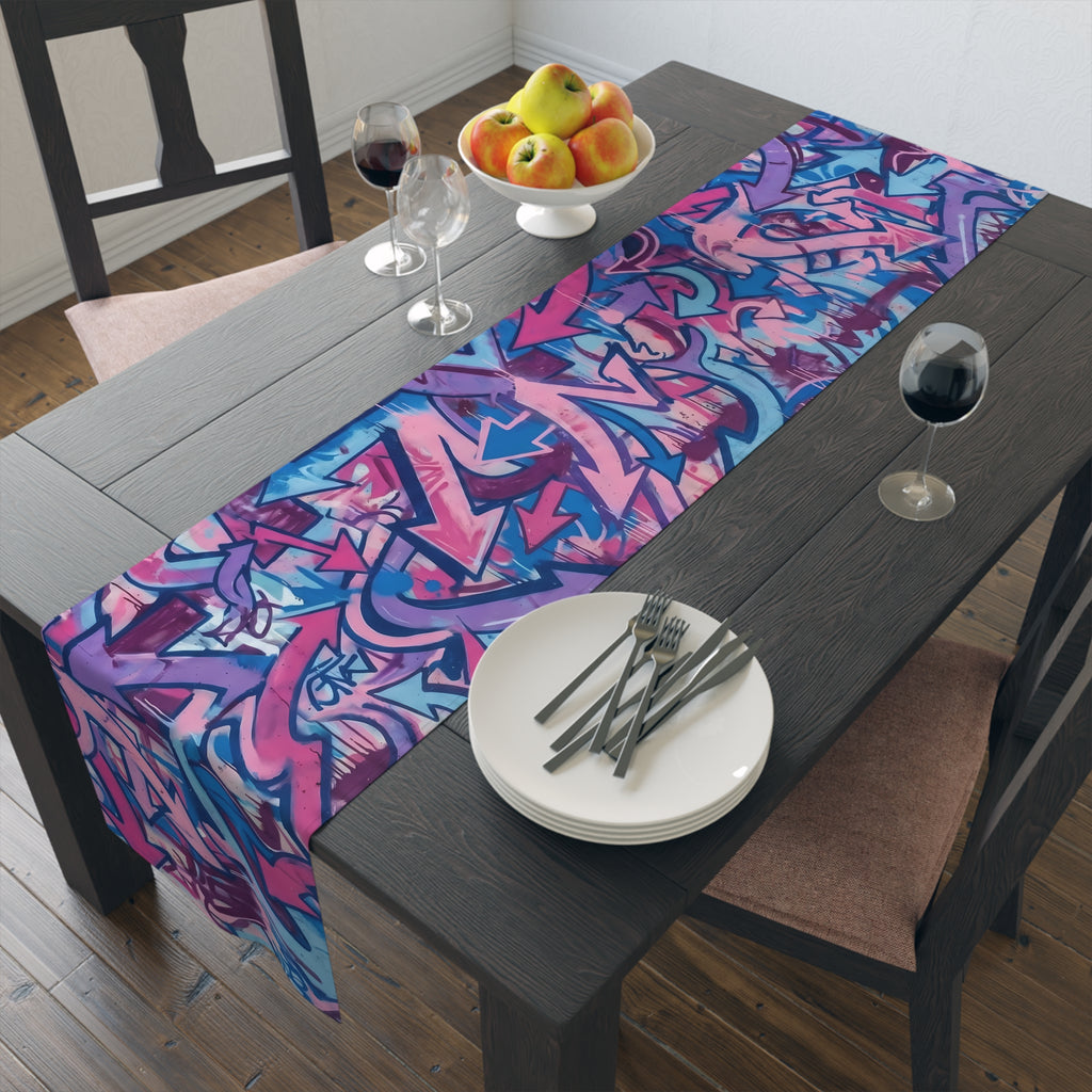 Graffiti Arrow Table Runner — Pink & Purple Street Art Cotton-Poly Blend