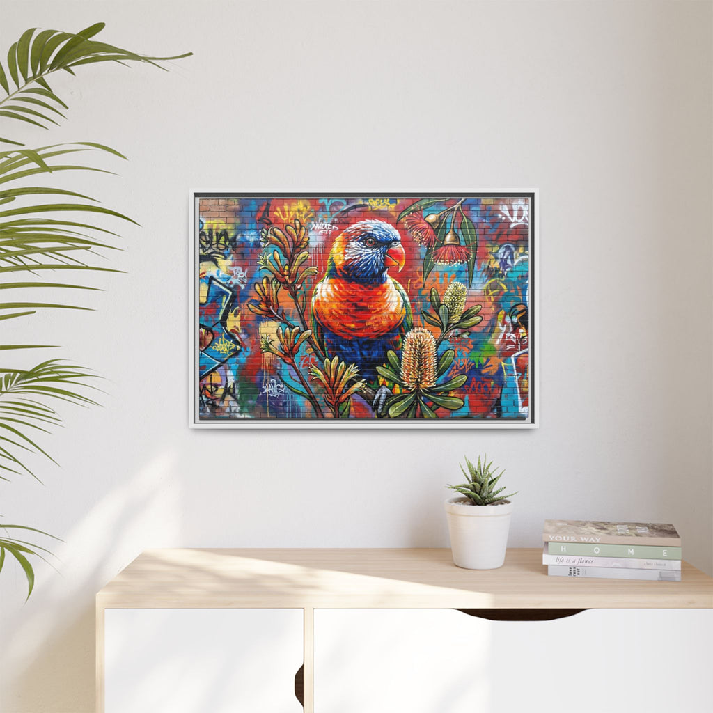Rainbow Lorikeet Graffiti Canvas — Framed Matte Wall Art