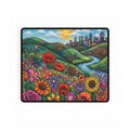 Floral Sunrise Cityscape Desk Mat — Colorful Wildflower Mouse Pad
