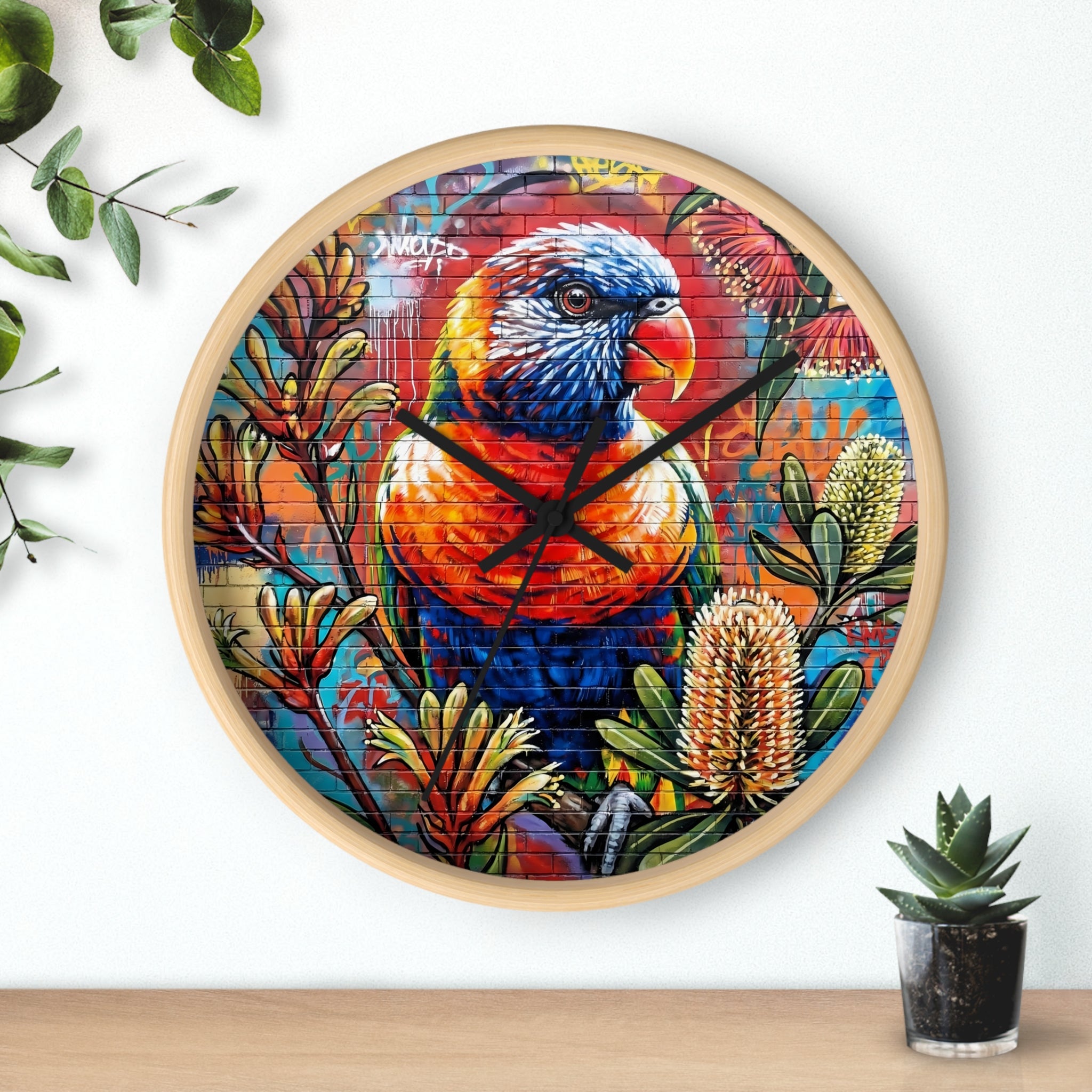 Rainbow Lorikeet Wall Clock | Colorful Parrot Art, Botanical Mural
