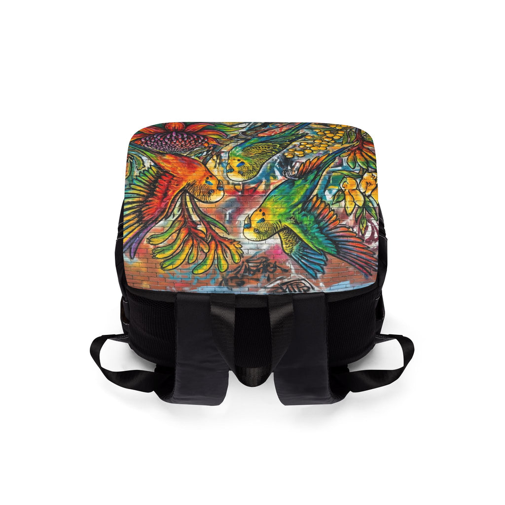 Colorful Budgie Graffiti Art Backpack — Vibrant Urban Shoulder Bag