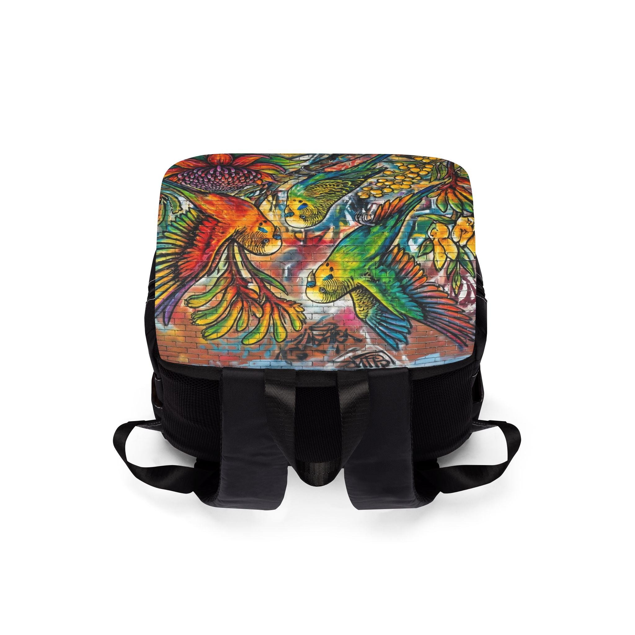 Colorful Budgie Graffiti Art Backpack — Vibrant Urban Shoulder Bag