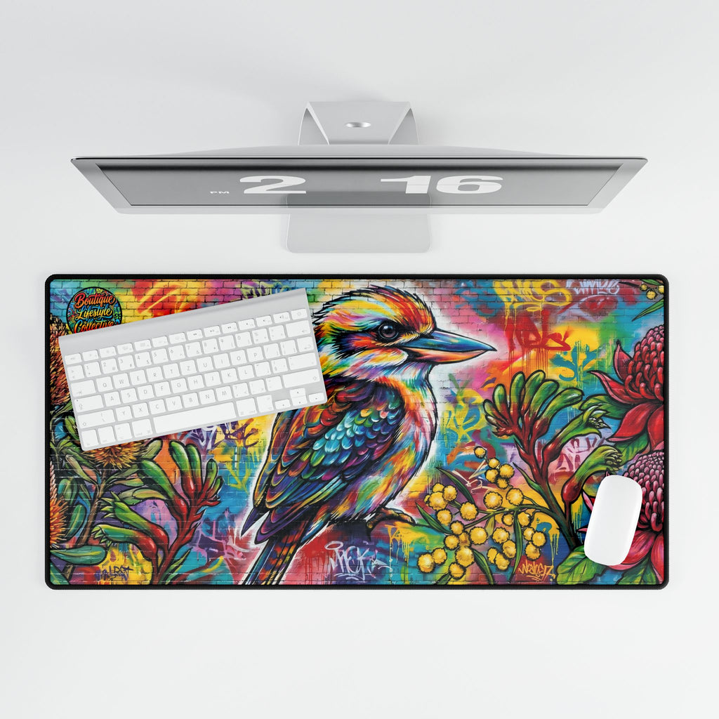 Colorful Kookaburra Desk Mat — Vibrant Wildlife Mouse Pad with Floral Aussie Design