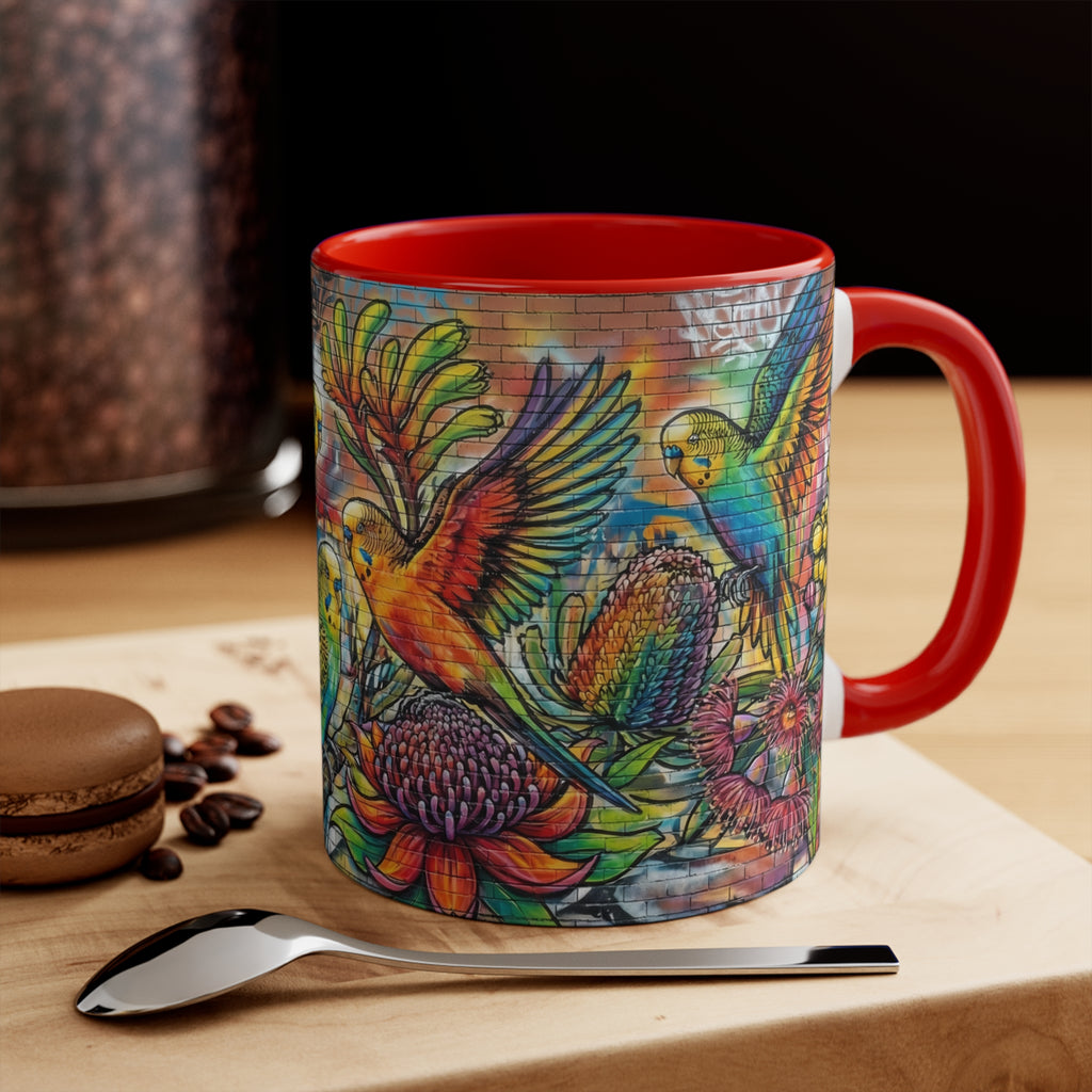 Colorful Budgerigar Floral Accent Mug — 11oz Ceramic Coffee Cup (Multiple Colours)
