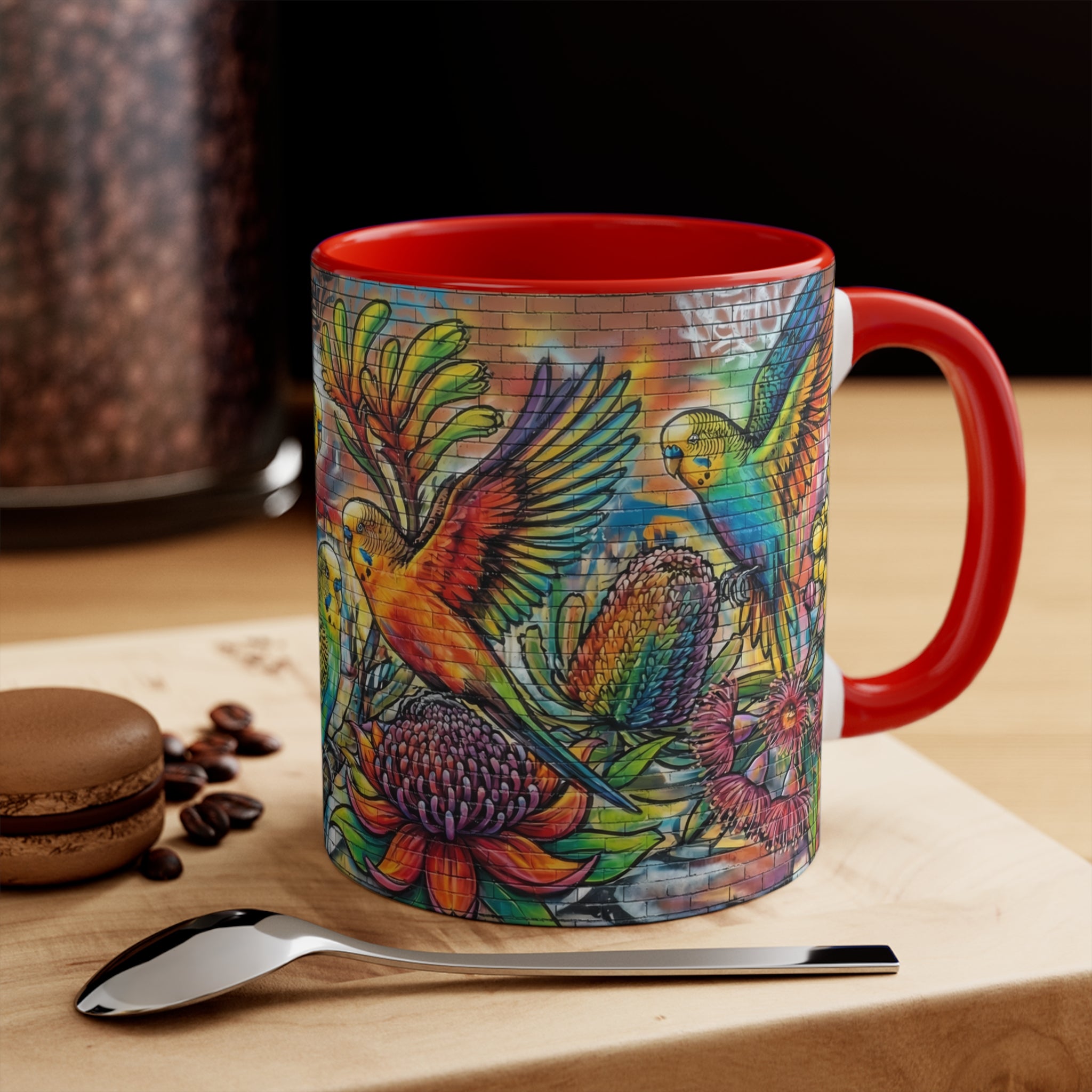 Colorful Budgerigar Floral Accent Mug — 11oz Ceramic Coffee Cup (Multiple Colours)