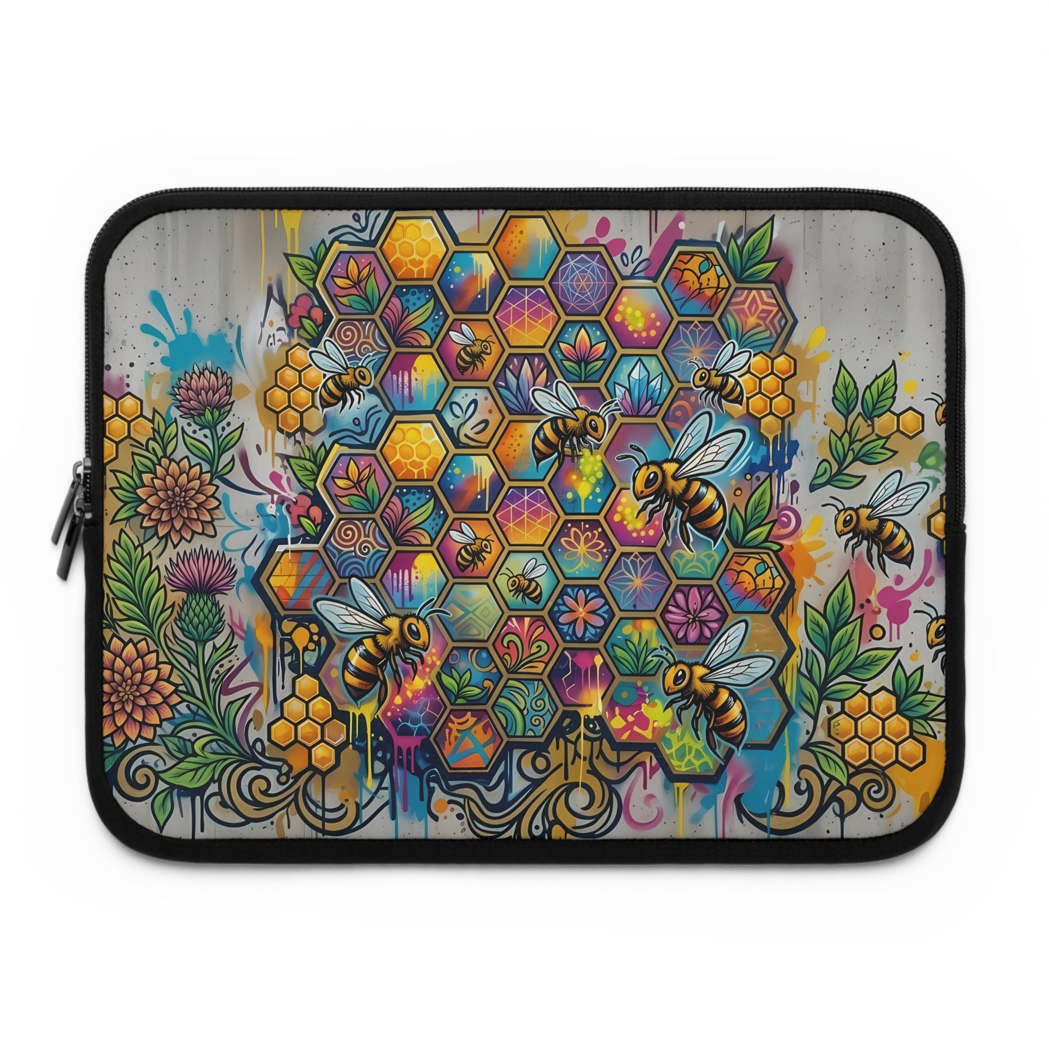 Honeycomb Bees Laptop Sleeve | Floral Beehive Art, Colorful Urban Art Design
