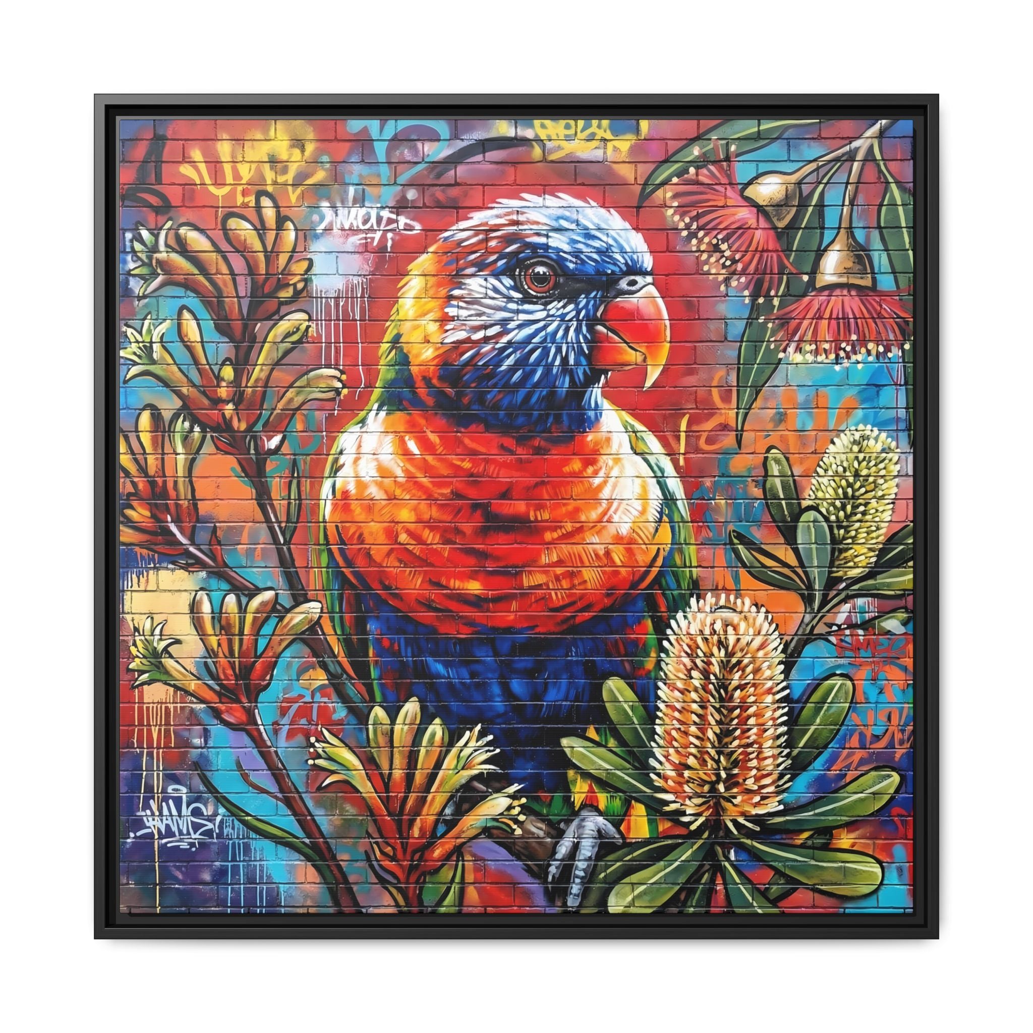 Rainbow Lorikeet Graffiti Canvas — Framed Matte Wall Art