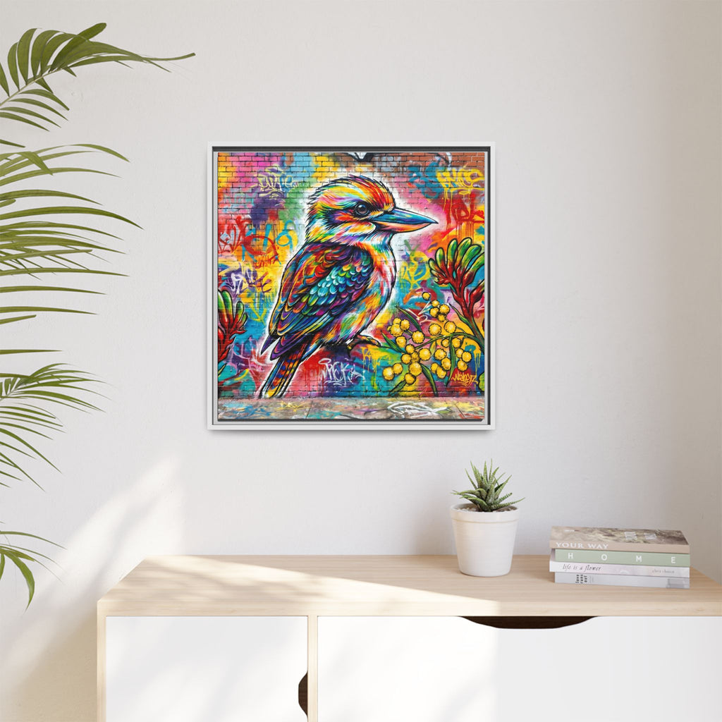 Kookaburra Graffiti Art Framed Matte Canvas | Colorful Urban Bird Print