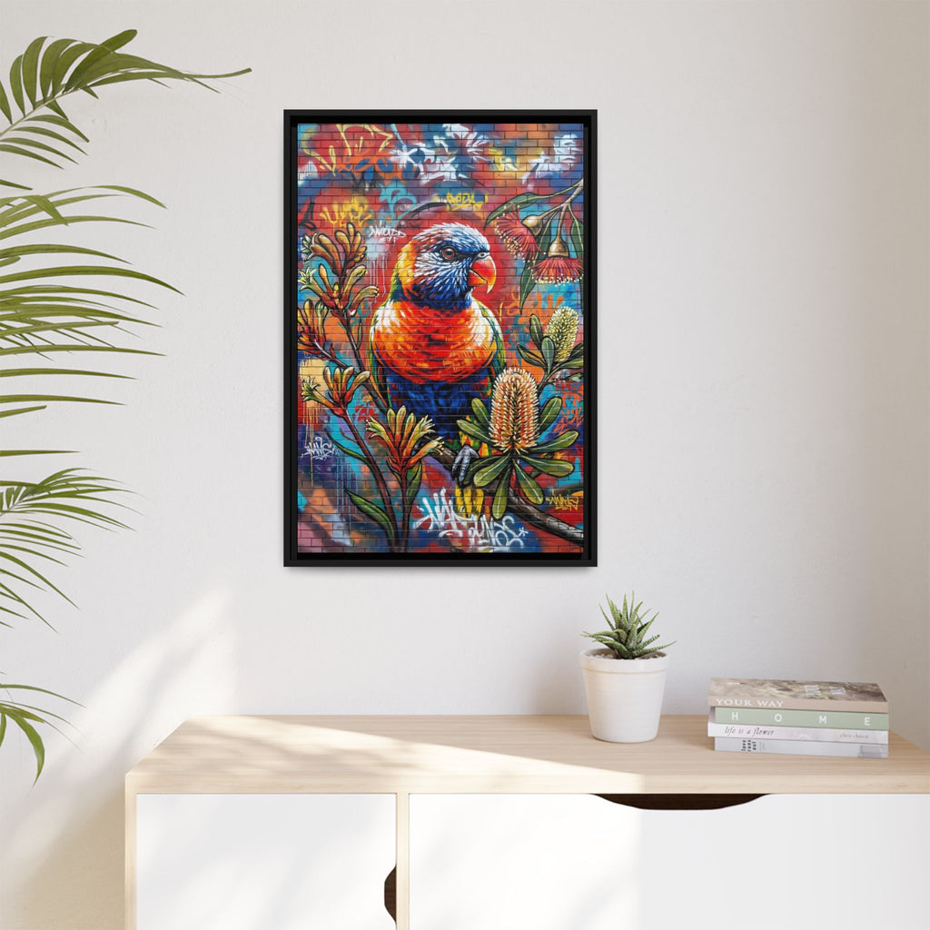 Rainbow Lorikeet Graffiti Canvas — Framed Matte Wall Art