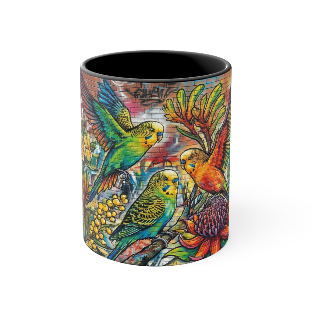 Colorful Budgerigar Floral Accent Mug — 11oz Ceramic Coffee Cup (Multiple Colours)
