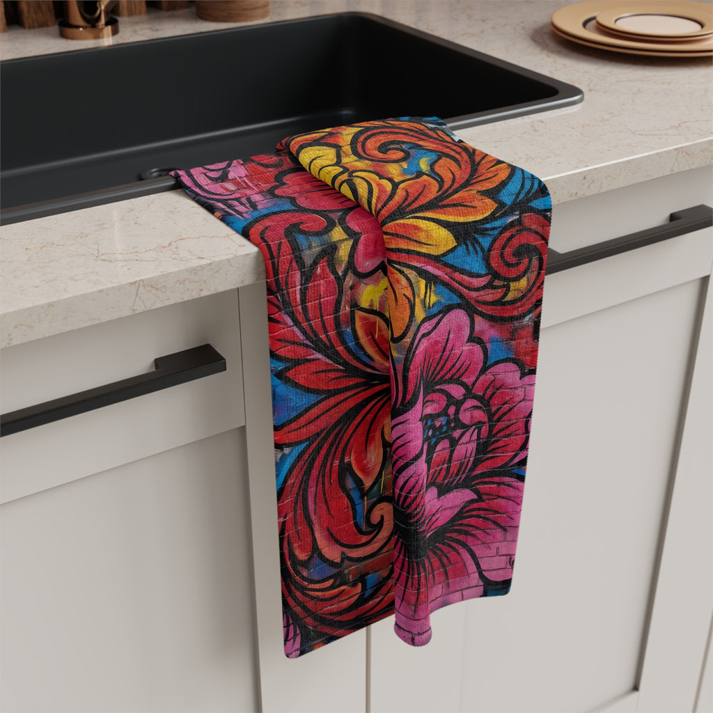 Floral Mural Microfiber Tea Towel — Vibrant Pink & Gold Boho Kitchen Décor
