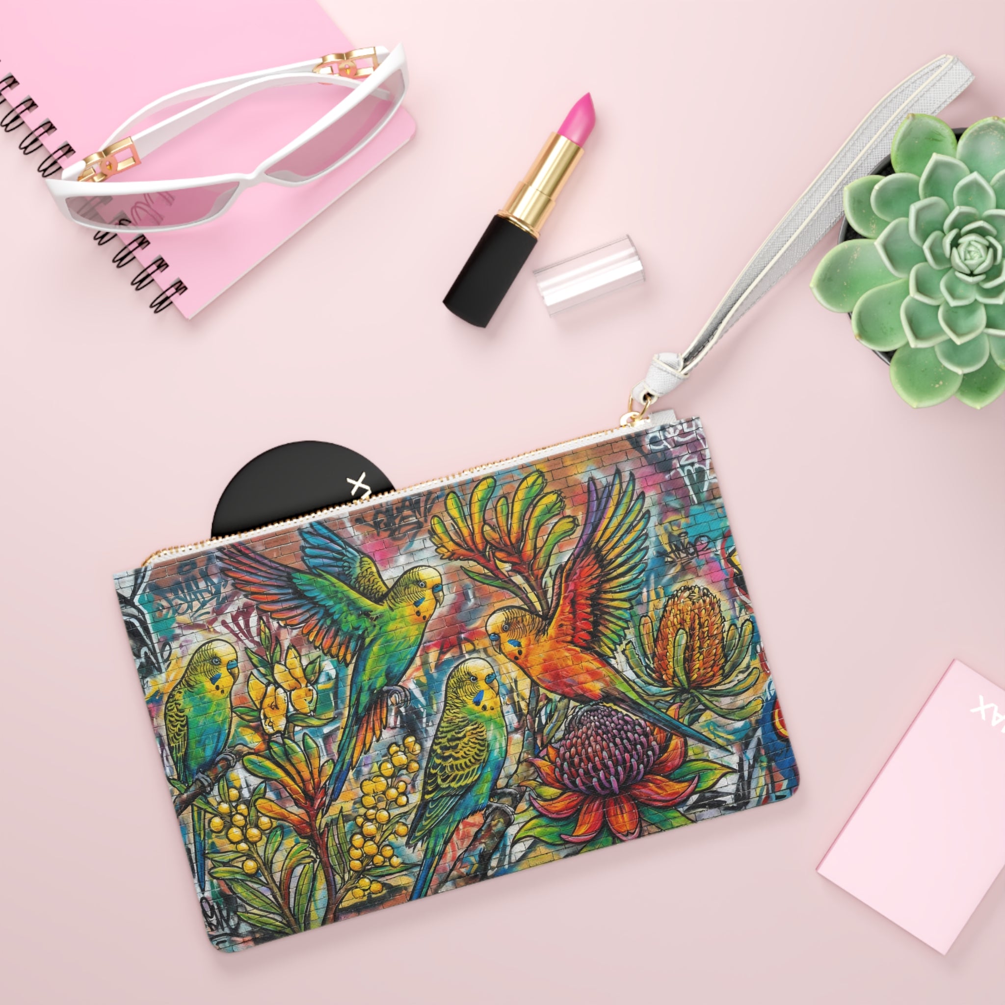 Clutch Bag - Vibrant Budgie Wildflower Wristlet