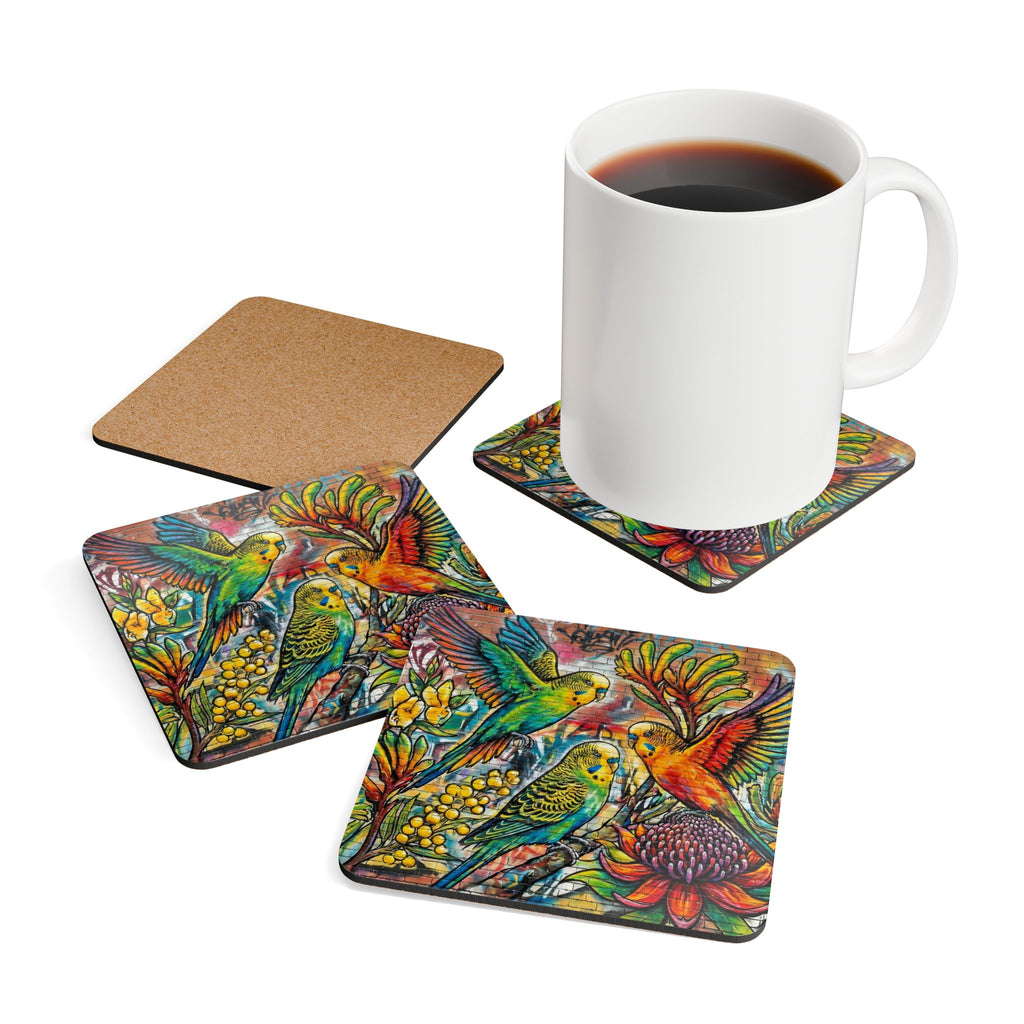 Budgerigar Bird Cork Coaster Set — Colorful Budgie Drink Coasters (Set of 4)